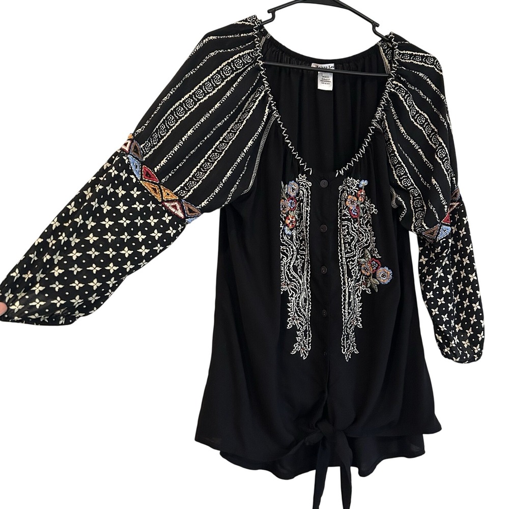 Boho Beaded Embroidered Blouse Sz M Black Fairy Grunge Buttons